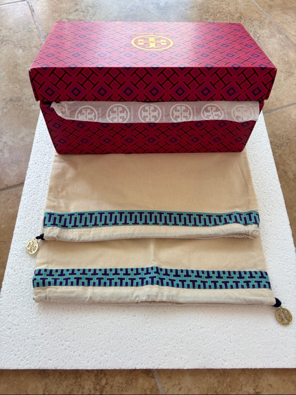 NWOT! 2 Tory Burch Beige Drawstring Dust Bags with empty Tory Burch Shoe Box
